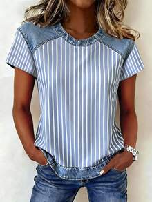EMERY ROSE Camiseta de manga corta con cuello redondo y rayas para mujer de talla grande - Multicolor - Ver 3