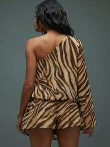 Hauture Women's Sexy Boho One Shoulder Long Sleeves Elastic Waisted Zebra Printed Chiffon Mini Dress - Multicolor - View 3