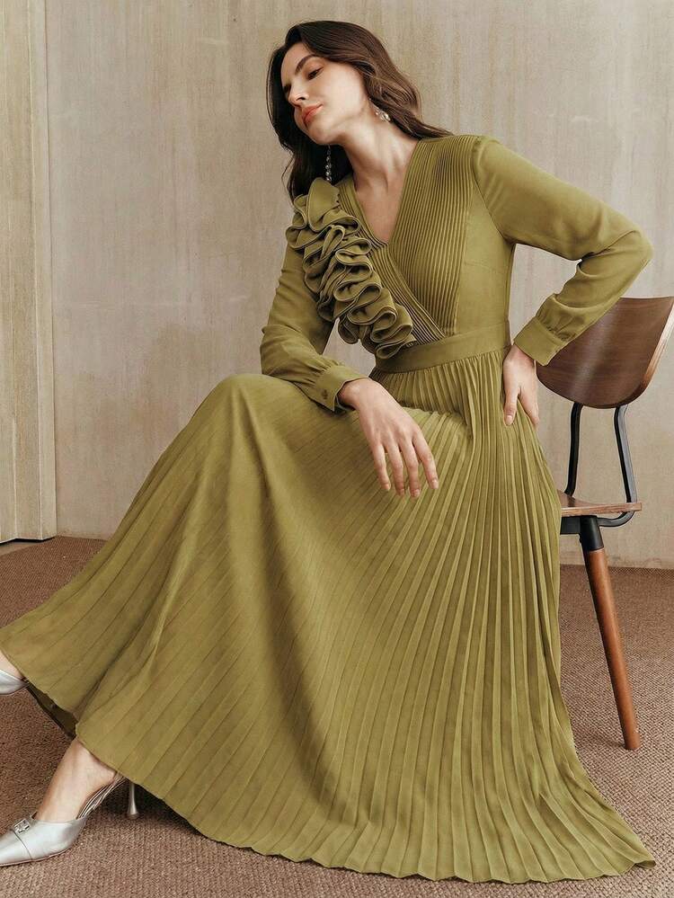 Women's Autumn/Winter Fashion Pleated Dress, V-Neck Ruched Floral Long Sleeve Casual Cocktail Party Business Dress