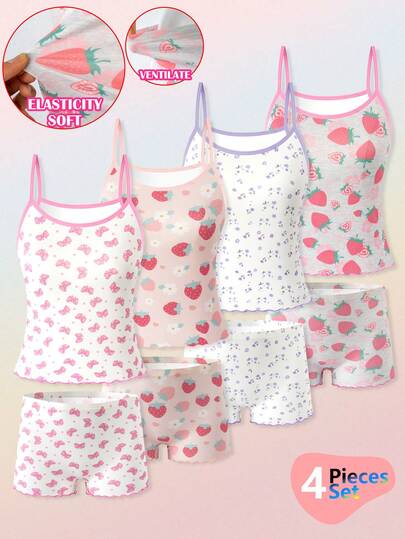4pcs/Set Girls' Camisole, Bra, Strap Vest & Panty Set, Soft Floral Butterfly Print Strawberry Girl Pajama Set Pjamas Set Summer For Girl Kid Girls Summer Pajama