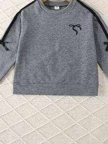 Genkimix Kids 2pcs/Set Purple Bowknot Sweatshirt Outfit For Young Girl4-7 Years Old, Casual Sports Suit, Autumn - Dark Grey - View 6