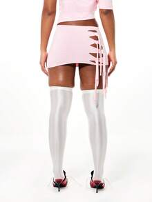 SUMWON WOMEN 德克萨斯大学校队系带镂空迷你裙，大学运动号码印花侧系带设计，运动时尚俱乐部套装 - 粉色 - 查看 2