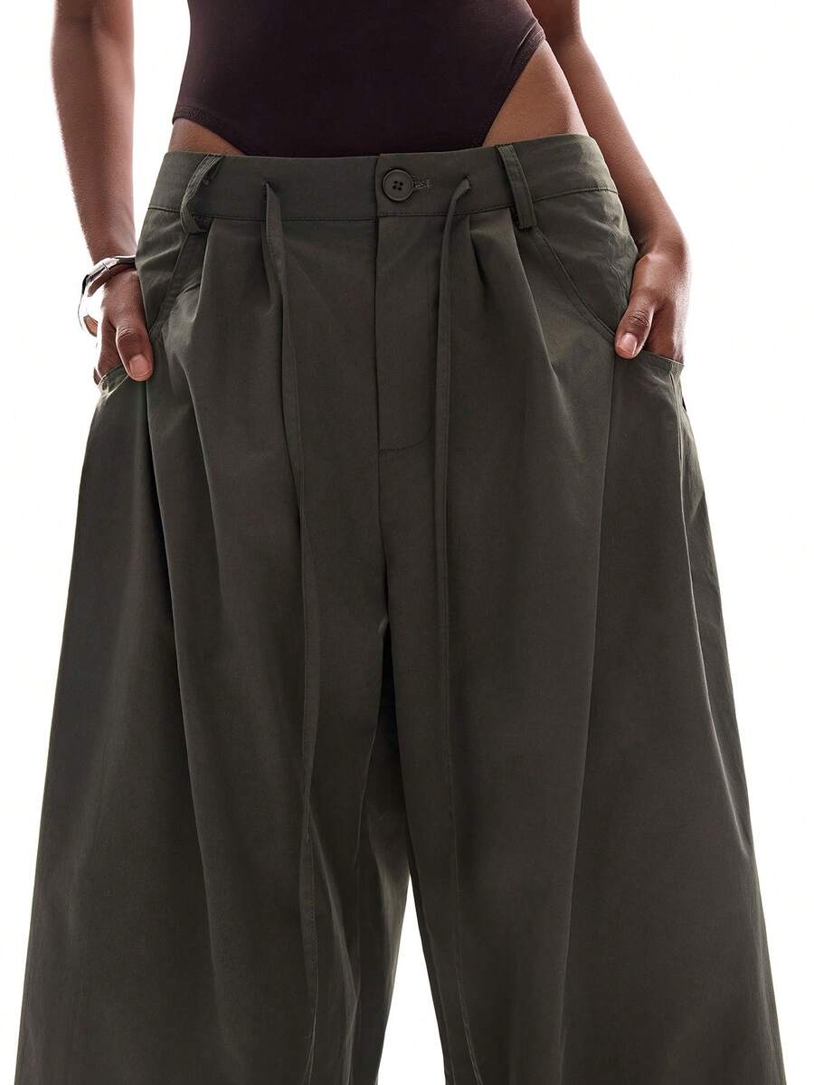 Aveloria Affinna 复古休闲松紧腰抽绳条纹宽松直筒裤，欧美风格 - 軍綠色 - 查看 1