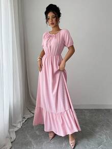 Modelyn 粉色女士短袖提花面料系领拼接设计浪漫夏日连衣裙 - 粉色 - 查看 6