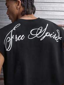 AXEPEAK 男士休闲字母印花宽松圆领背心，夏季 - 黑色 - 查看 3