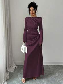 Rafferiza Elegant Women's Red Violet Satin Mermaid Long Party Dress With Round Neck And Long Split Sleeves - Red Violet - View 4