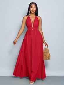 SOLERSUN 女士纯色露背吊带V领度假沙滩交叉系带露背长裙度假沙滩装 - 紅色 - 查看 4