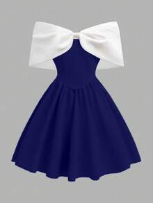 Tween Girls' Off-Shoulder Bow Tie Ruffle Hem Dress, Elegant Casual Vacation Wear, Pink, Spring/Summer - Navy Blue - View 3