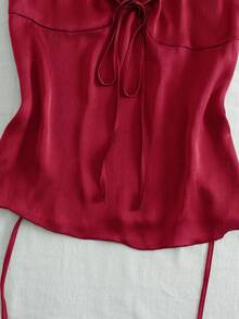 INAWLY Women's Casual Burgundy Halter Plain Regular Length Tank Top With Knot Details - Burgundy - View 5