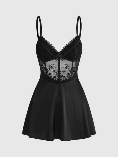 ROMWE Kawaii Floral Lace Underwire Sexy Nightgown & G-String Set For Women