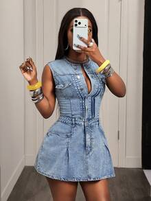 Slaydiva Women's Single-Breasted Round Neck Sleeveless Pocket Design Fashion Denim Dress - Light Wash - View 1