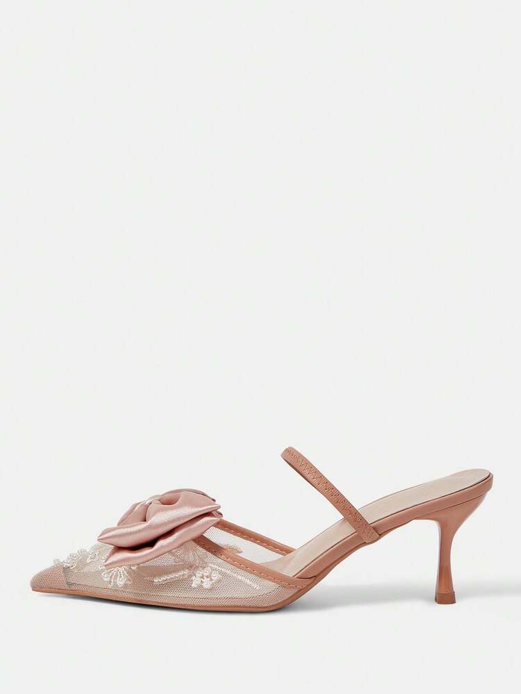 CUCCOO HITCHD Women Shoes Four Seasons New Embroidery Bow Beaded Pointed Toe Thin Heel High Heel Mesh Women's High Heel Shoes Instep With Dew Heel Shoes Elegant Elegant Fashion Wedding Valentine's Day Tea Elegant Wear Valentine's Day Elegant Shoes