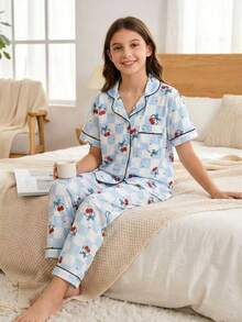 Girls Floral Bubble Plaid Print Lapel Cardigan & Pants Casual Lightweight Outfit, Spring/Summer Loungewear - Multicolor - View 7