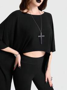 Breakform 女士哥特风纯色针织面料船领蝙蝠袖不对称下摆宽松短款上衣 - 黑色 - 查看 7