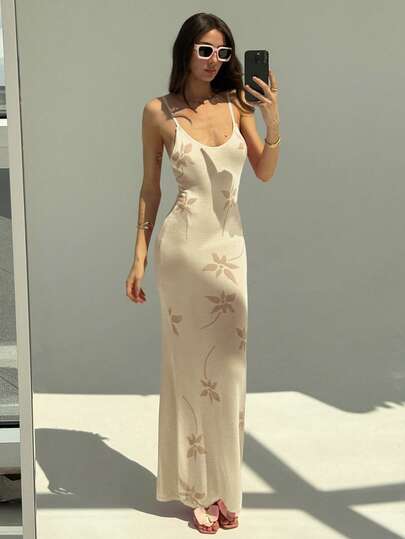 Aloruh Romantic Date, Spring/Summer Vacation Pink Floral Print Women Knitted Sweater Dress