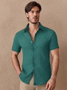 Manfinity VCAY Men's Solid Color Front Button Casual Short Sleeve Woven Shirt - Blue - View 5