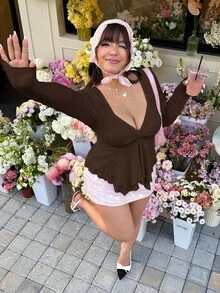 GalTyme 巧克力棕色加大码女式不对称荷叶边长袖时尚T恤 - 巧克力棕 - 查看 6
