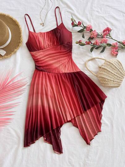 Soleia Women's Gradient Print Asymmetrical Hem Ruched Bust Spaghetti Strap Midi Dress, Sexy For Beach, Date, Holiday, Beach Vacation, Wedding, Cruise