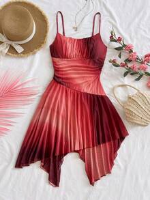 Soleia 女士渐变印花不对称下摆褶皱胸部吊带中长连衣裙，性感迷人，适合海滩、约会、度假、海滩假期、婚礼、邮轮等场合。 - 酒紅色 - 查看 6