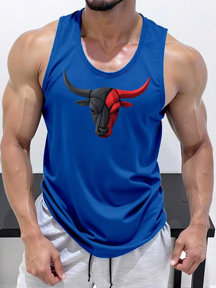 GymBeat Men's Blue Graphic Bull Print Regular Length Scoop Neck Sleeveless Tank Top For Sports - Blue - View 1