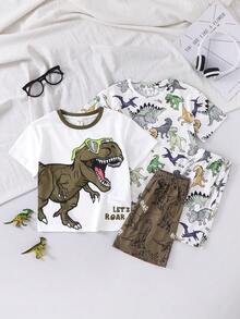 SHEIN 4 Stücke/Set Kleine Jungen Lässig Cartoon Dinosaurier Muster Rundhals Kurzarm T-Shirt und Shorts 2 Stücke Outfit, geeignet für den Sommer - Verschiedenfarbig - Übersicht 9