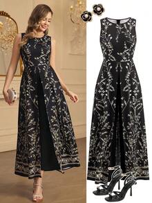 Ellevyn Women's Elegant Vacation Printed Wrap-Style Round Neck Jumpsuit  From Spring To Summer  Fasching Women Costume  Saudi Arabian National Day Attire - Black - View 1