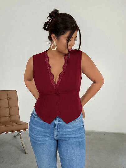 Firerie Chaleco de talla grande de unicolor con encaje de contraste y abotonadura sencilla, para uso casual en verano