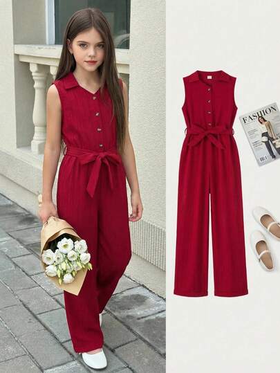 SHEIN Girls' Casual Vacation Spring & Summer Daily Outing V-Neck Sleeveless Belted Wide Leg Solid Color Jumpsuit,Holiday,Summer,Travel