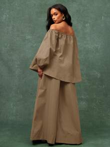 Vixey Elasticized Off Shoulder Long Sleeve Oversized Top - Coffee Brown - View 5