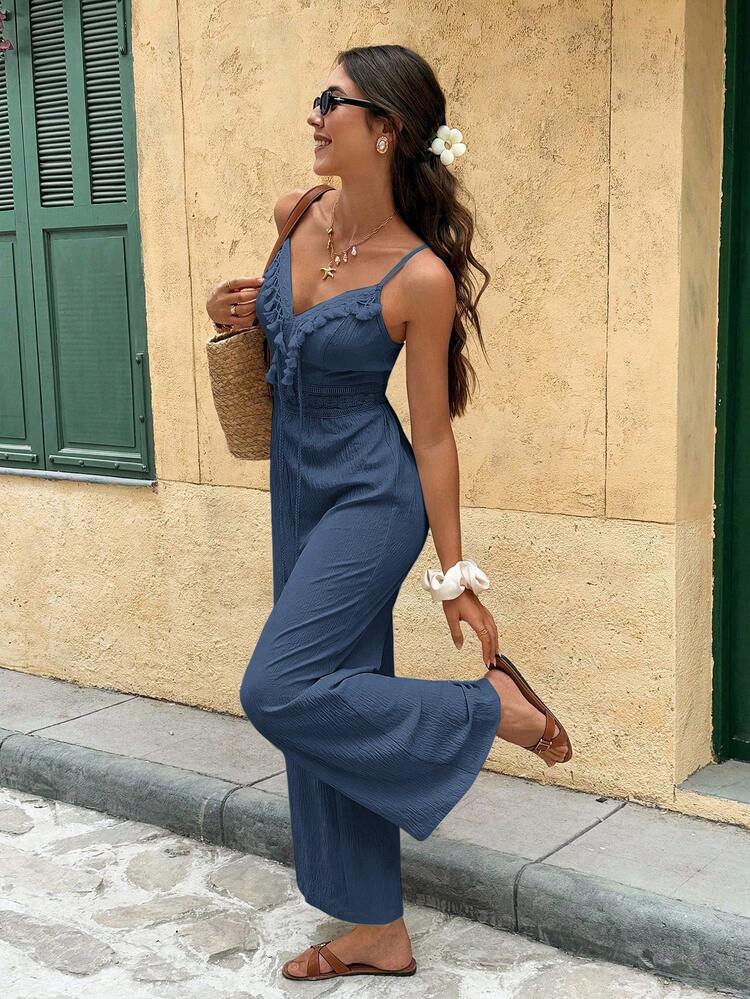 Serisse Women's Solid Color Backless Ruffle Casual Jumpsuit - Dusty Blue - View 1