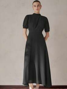 Aveloria Modichic 优雅女士雪纺连衣裙，胸部褶裥设计，公主袖，收腰，A字裙摆，简约百搭，适合通勤，及膝长度 - 黑色 - 查看 2