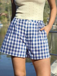 WESTFADE 高腰褶皱A字长款格纹短裤，适合春季、度假、夏季、休闲、可爱、海滩、假期、纳什维尔、牛仔、西部风格等场合，女士款。 - 藍色 - 查看 2