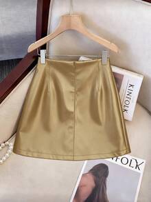 Franclia Chân váy da nữ thời trang, thanh lịch, đa năng, bất đối xứng, trang trí khóa kim loại. - Vàng - Xem 2