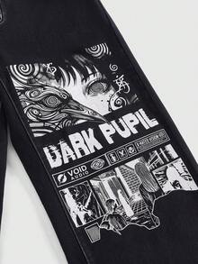 ROMWE Anime Quần jeans cỡ lớn in chữ và hình người, túi xéo, thời trang thường ngày. - màu đen - Xem 11