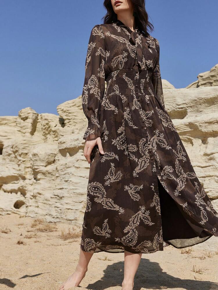 Elegant Floral & Geometric Print Dress, Waist Cinched, Suitable For Wedding, Casual, Vacation, Commute, Spring/Summer Maxi Dress Sundress Boho