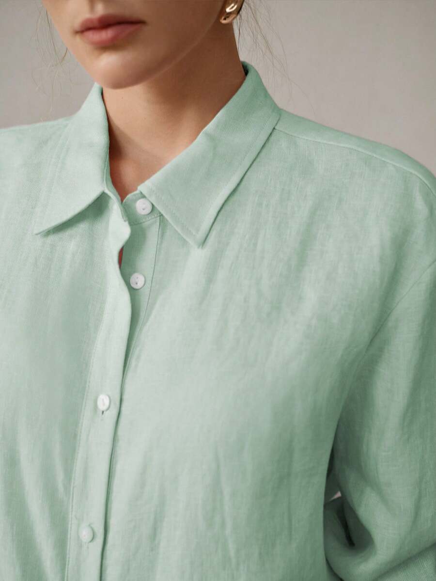MOTF PREMIUM Áo sơ mi vải lanh đơn giản, thoải mái, màu trơn dành cho nữ, mùa hè. - màu xanh lá - Xem 2