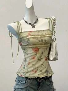 MainGRL Grunge Goth Summer Y2k  Printed Mesh Women Tank Top Western Wear Women - Mint Green - View 4