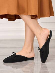 Sleekvia Women Shoes Small Square Toe Flat Bottom Black Suede Bow Women's Mules Slippers Women's Flat Shoes Daily Commute Slouchy Flats Low Vamp Mules Shoes Women's Shoes Valentine's Day - Black - View 5