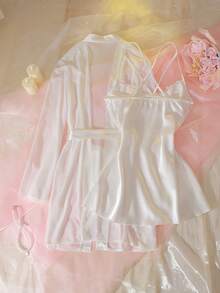 DelicateAllure Women's Sexy Lace Patchwork Satin Slip Dress With Slit And Lace Patchwork Tie-Up Robe Sleepwear Set Bridal Robe Set Sexy 2 Piece Nightgown Wedding Lingerie Set - White - View 7