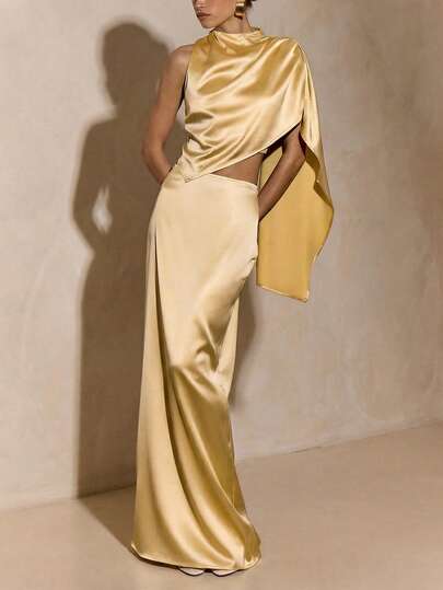 Opulessa Spring/Summer Valentine's Day Birthday Beach Vacation Elegant Women's Solid Color Minimalist One-Sleeve Skirt 2 Pieces Set, Casual Everyday Wear, Spring To Summer, Valentine's Day, Carnival Costume, Elegant Dresses For Party, Beach Outfit, Wedding Guest Dresses, Summer Vacation Outfits,  Casual Dress