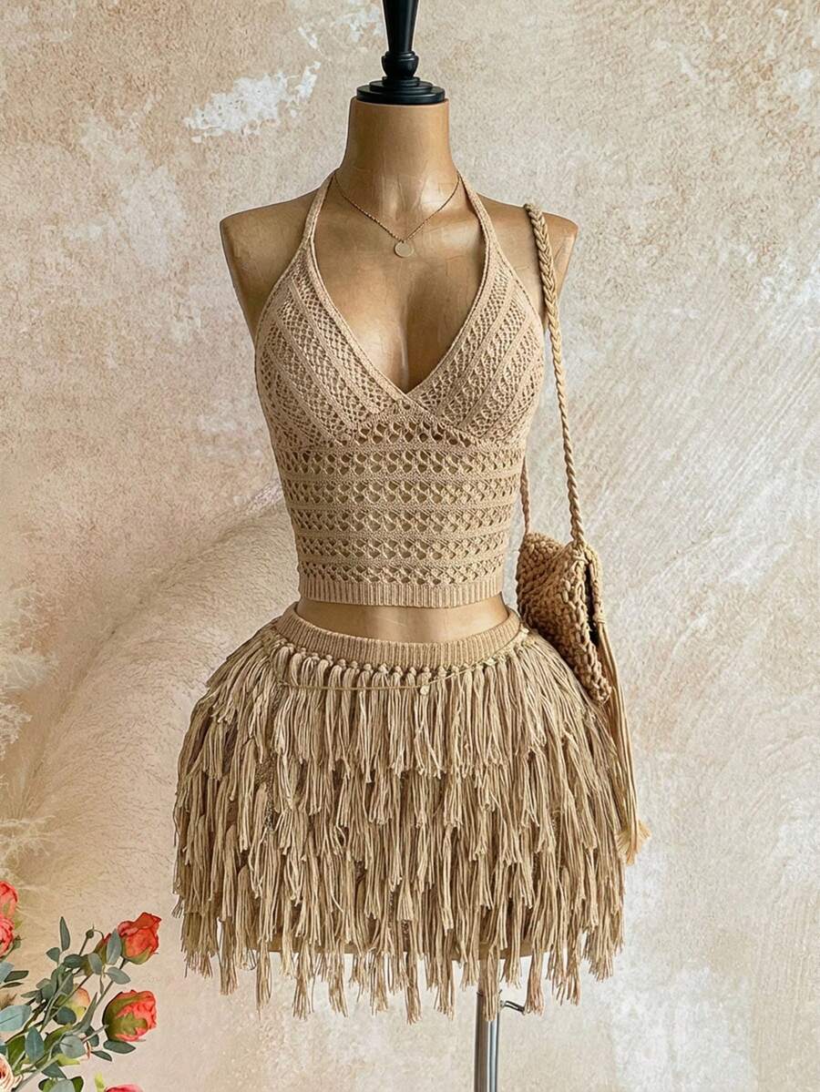 Soleia Women's V-Neck Halter Tie Backless Crop Top And Fringe Hem Mini Skirt 2 Piece Set, Suitable For Party, Christmas, Date Night, Nightclub, Bohemian, Boho, Vacation, Fall - Apricot - View 1