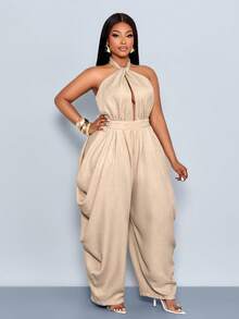 SOLERSUN Spring And Summer Plus Size,Women's Elegant Loose Khaki Halter Cutout Tie Back Backless Pleated Pocket Plus Size Pleated Structure Elastic Waistband Harem Jumpsuit,Suitable For Daily Dressing, Shopping And Dating, Music Festivals, Back To School Season, Teacher's Day Dressing, Office, Fashionable Commuting - Khaki - View 5