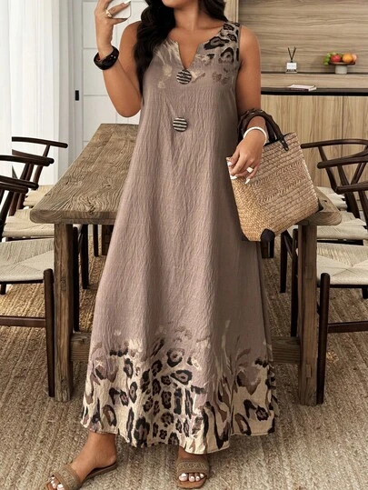 Weeklong Plus Size Women V-Neck Sleeveless Printed Button Decor A-Line Dress, Suitable For Vacation And Daily Wear, Spring/Summer