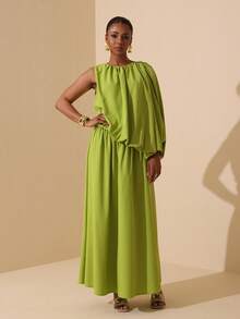 SHEIN Veneréa New Spring/Summer One-Shoulder Ruched Waist Dress, Green Round Neck, Elegant - Green - View 4