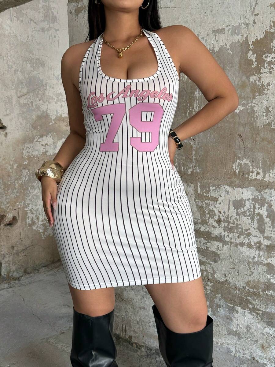 POPSWAY Vestido ajustado casual con estampado de rayas de moda para tallas grandes estilo Y2K - Blanco y Negro - Ver 1