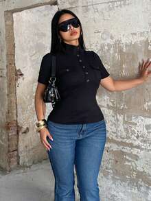 POPSWAY Plus Size Women's Solid Color Short Sleeve Button Half Placket Pocket Casual T-Shirt - Black - View 4