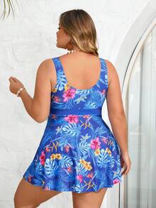 SHEIN CURVE+ 大码女士黑白印花高腰吊带泳衣，显瘦，适合海滩度假 - 黑與白 - 查看 2