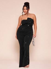 SHEIN BAE Plus Size Elegant Tube Greta Jumpsuit,Shimmering Tulle Black,Summer Long Jumpsuit For Wedding,Night Out Club - Black - View 5