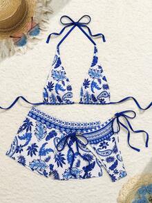 Swim Vcay 女士复古印花比基尼套装，搭配性感沙滩罩衫短裤，时尚夏季度假装 - 藍白色 - 查看 3