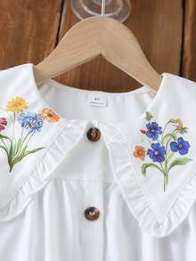 SHEIN LMoss Kids 女童纯色拼接碎花娃娃领休闲连衣裙,可爱碎花荷叶边长袖连衣裙 - 白色 - 查看 6